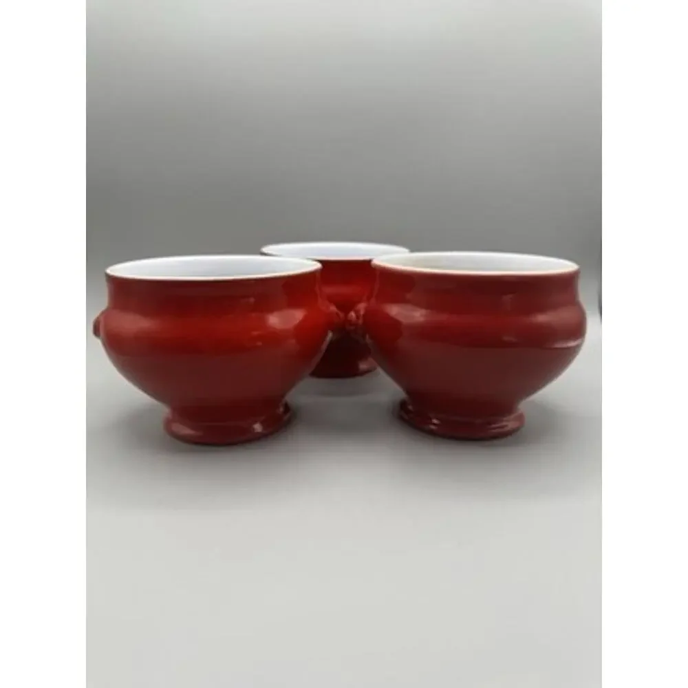 Set 3 Emile Henry Red White Lion Head Soup Stoneware 6600